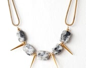 Grey Feldspar and Gold Spike Necklace with Brass Heishi Disc Beads on a Vintage Brass Snake Chain