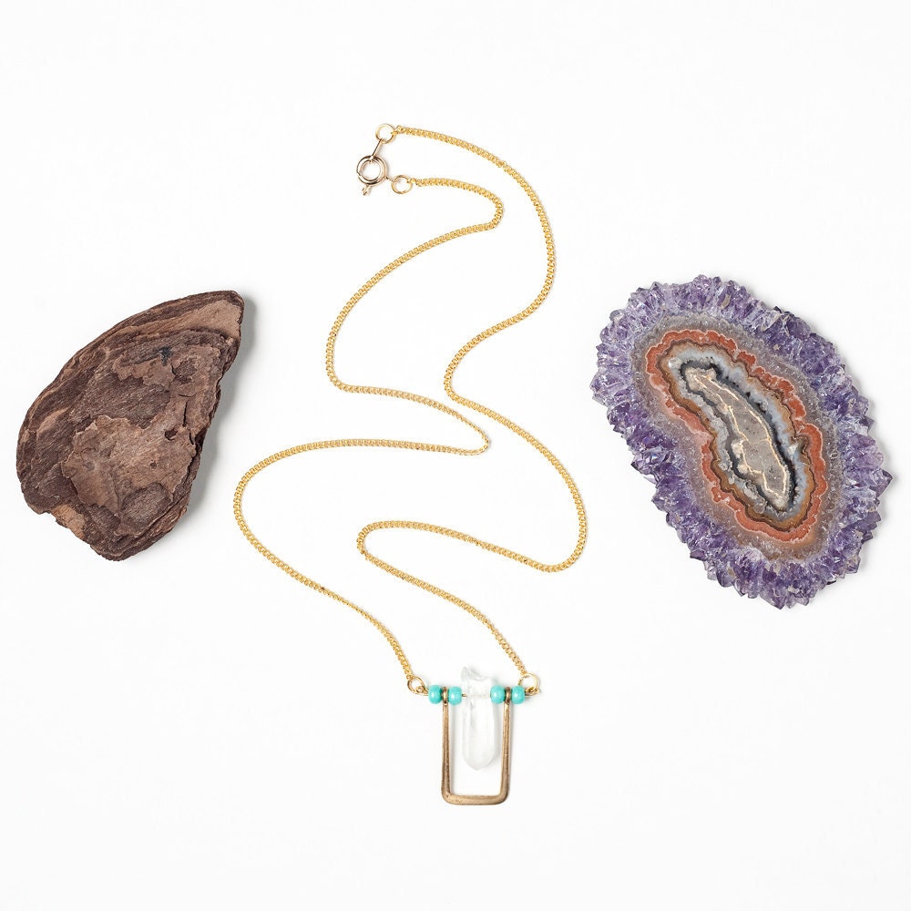 Swinging Crystal Necklace on a Brass U Charm and Turquoise Accents on a 14kt Gold Filled Cable Chain