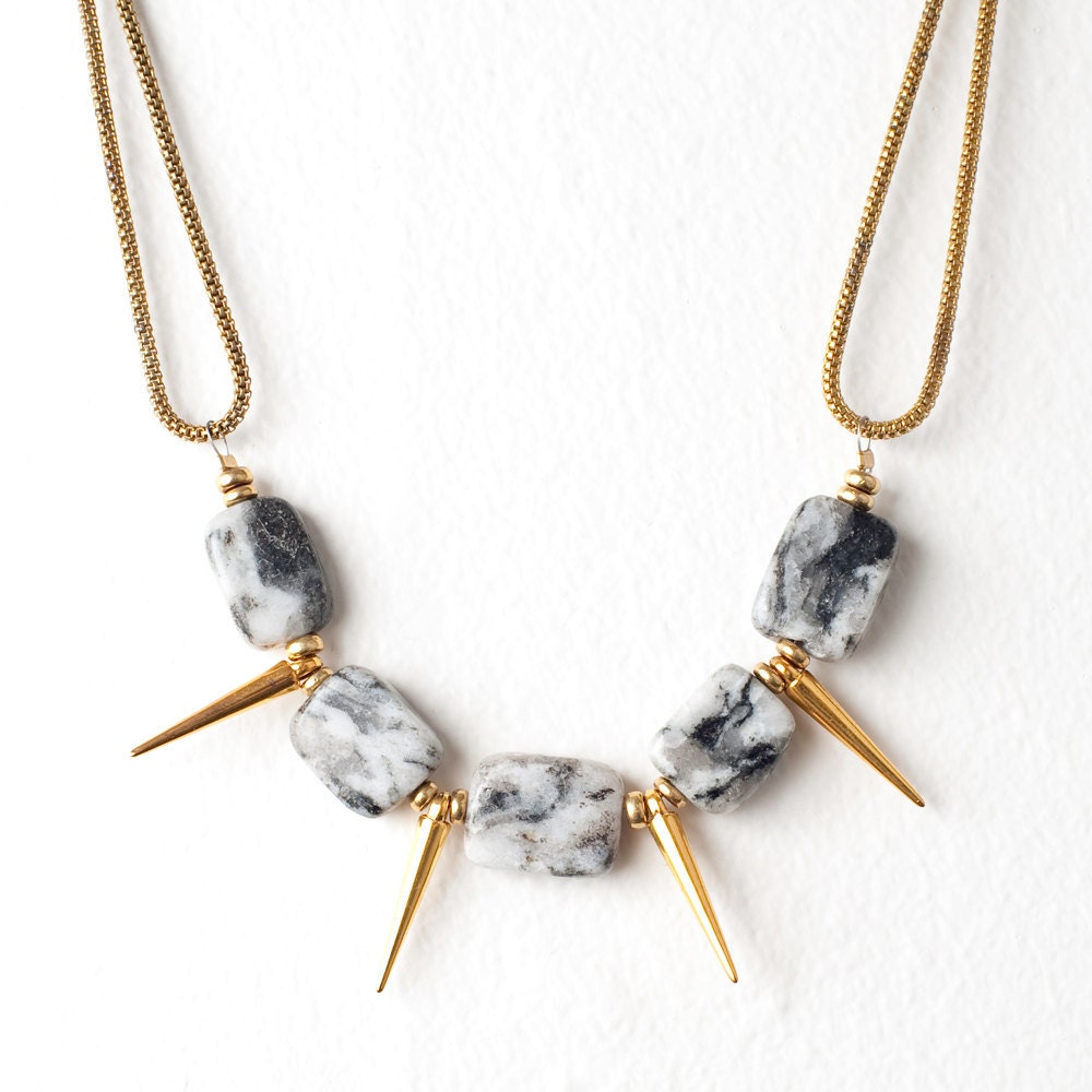 Grey Feldspar and Gold Spike Necklace with Brass Heishi Disc Beads on a Vintage Brass Snake Chain