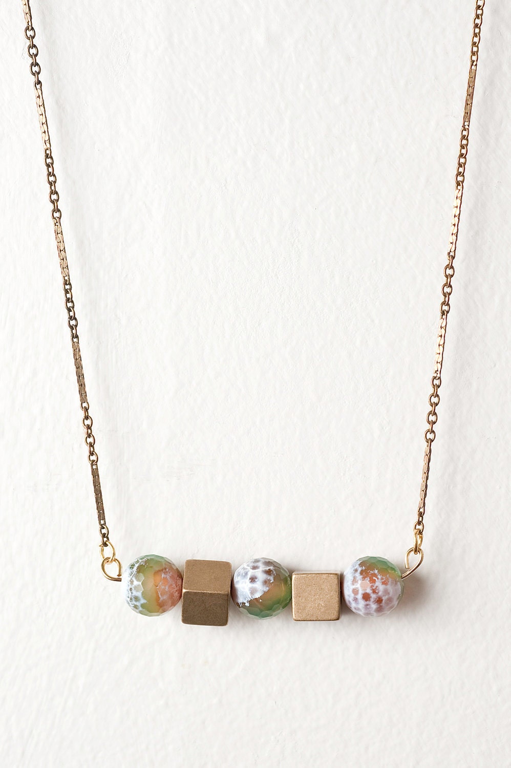 Brass Cube and Multi Color Textured Stone Necklace on Raw Brass Pressed Cable Chain