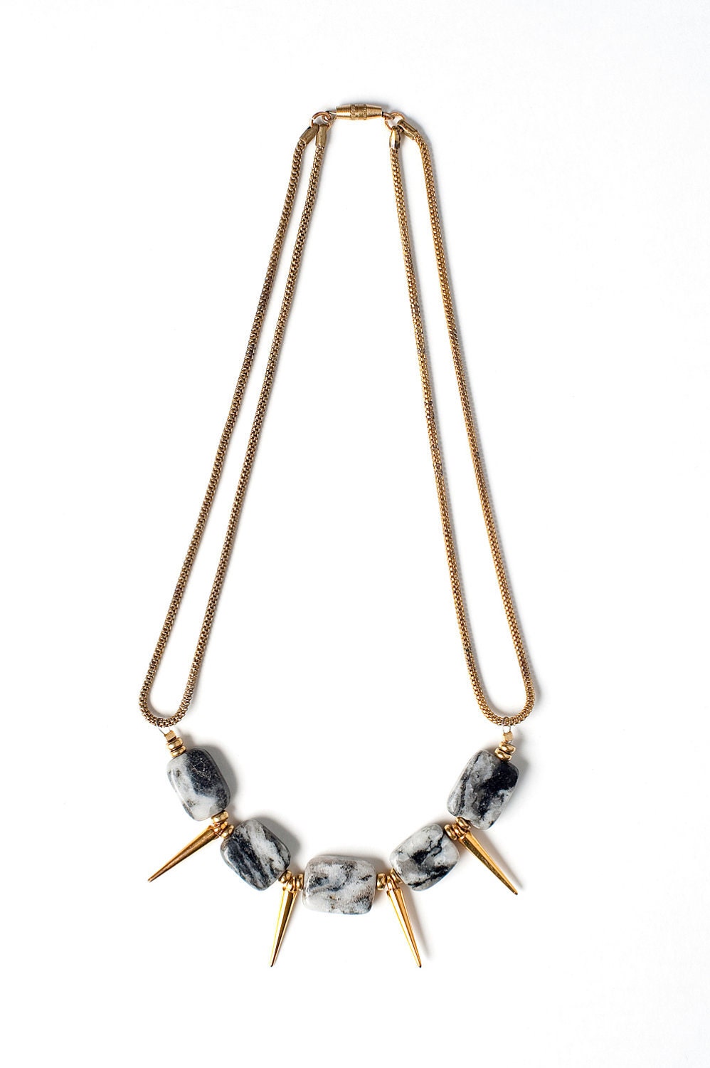 Grey Feldspar and Gold Spike Necklace with Brass Heishi Disc Beads on a Vintage Brass Snake Chain
