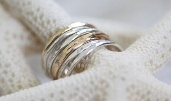 Stackable rings - hammered organic ring set of 7 mix metal rings