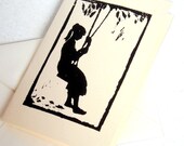 Romantic greeting card  Girl on Swing - Emma is thinking of Mr. Knightley  linocut print - handmade