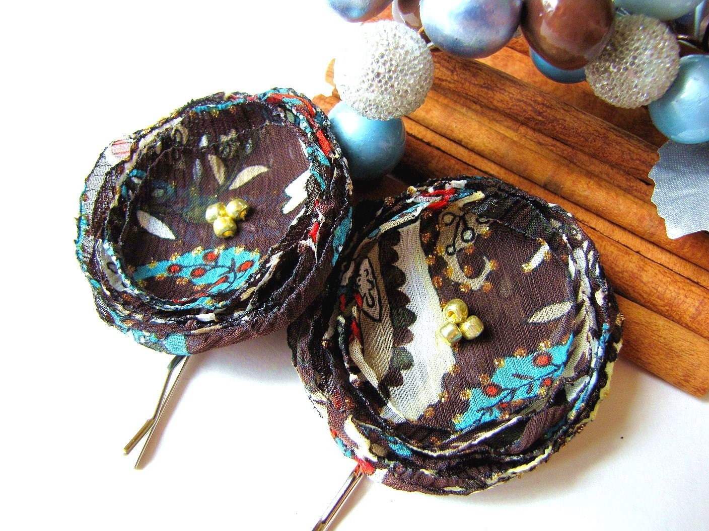 Bobby pin with chiffon flower, fabric flower hair pins, floral hair accessories, flower hair piece (2 pcs) - INDIAN SUMMER