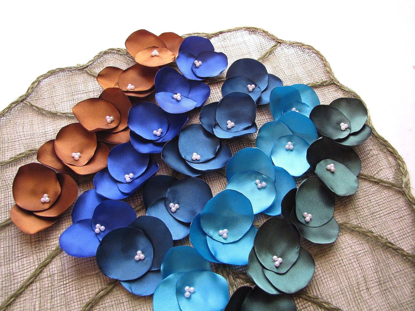 Hydrangea Blossoms-Handmade satin sew on flower appliques (25 pcs)- PEACOCK MEADOW (Mocha Brown- Royal Blue- Teal- Turquoise- Forest Green)