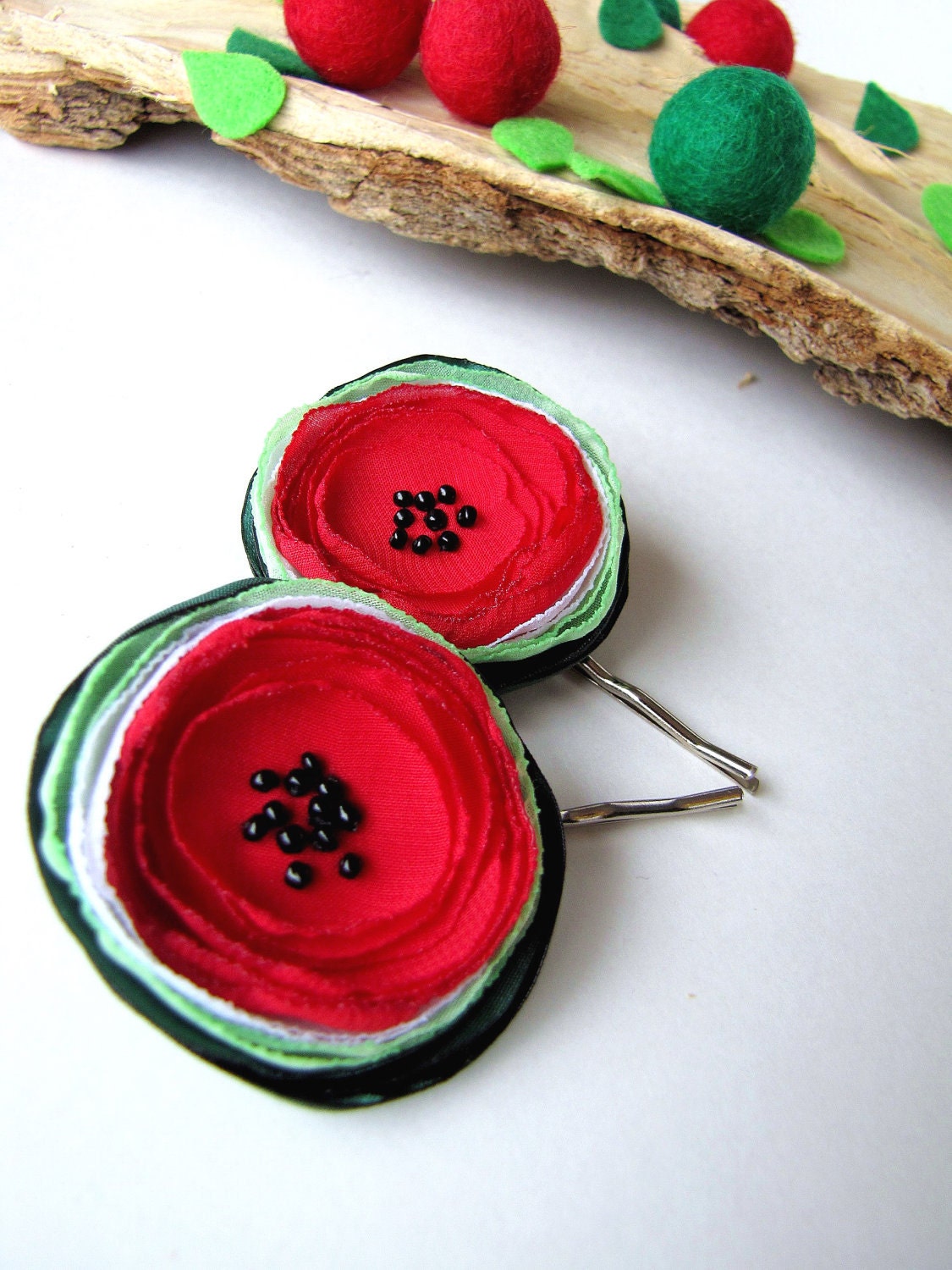 Handmade bobby pins with fabric flowers (2 pcs) - TINY FRESH WATERMELONS