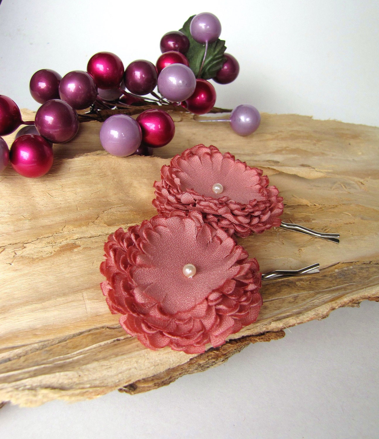 Handmade bobby pins with fabric flowers (set of 2 pcs) - PINK CORAL DAHLIA (h38)