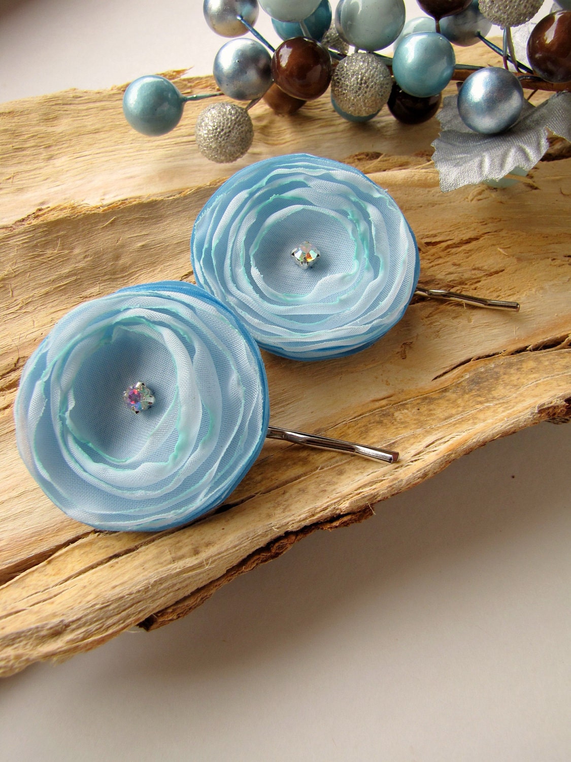 Bobby pins with handmade fabric flowers, bridal hair accessories, fabric flower pins (set of 2 pcs) - BABY BLUE BLOSSOMS (with rhinestones)