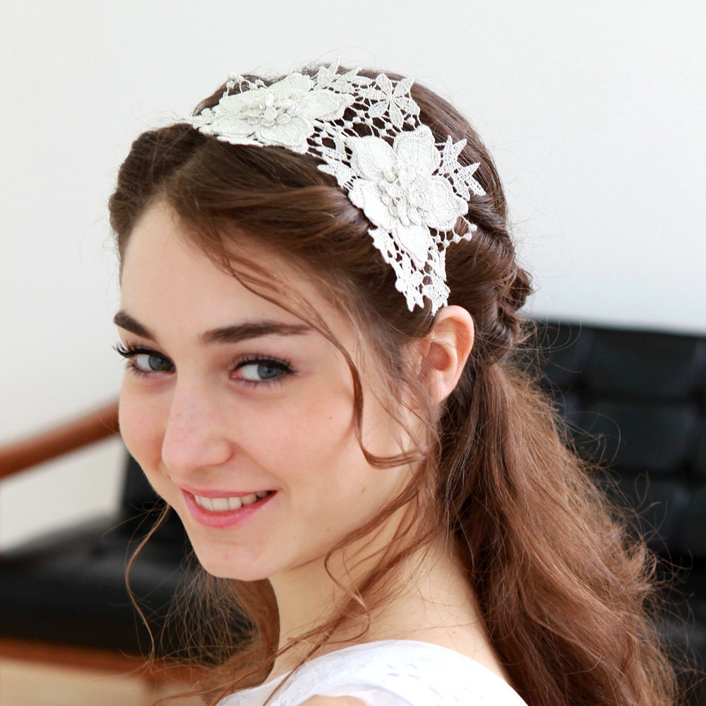 Shooting star lace bridal headband - white, ivory, pale silver