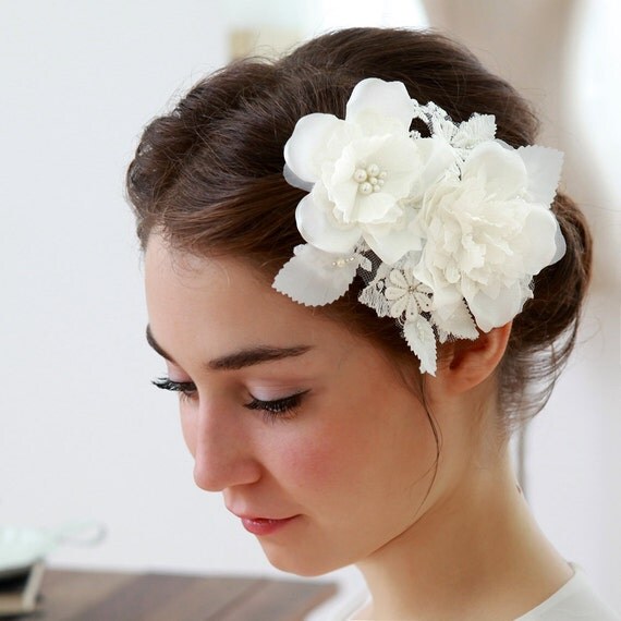 Satin and lace cluster bridal headpiece - cream or ivory