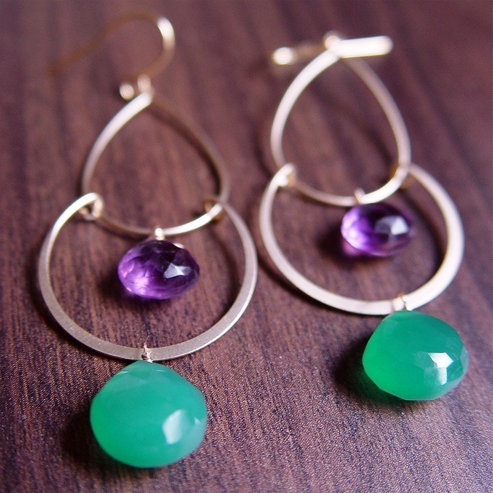 Royal Green Onyx Purple Gold Chandelier Earrings