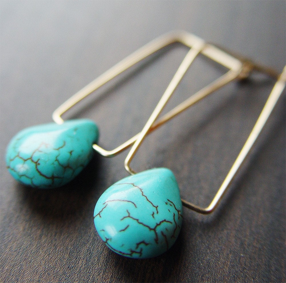 Rectangular Turquoise Earrings 14k Gold