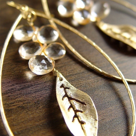 Citrine Leaf Hoop Earrings 14k Gold