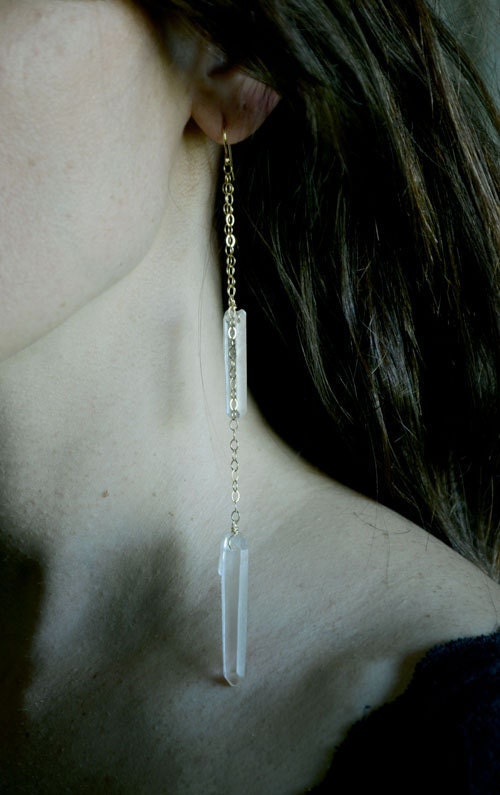 Double Quartz Gold Chain Earrings