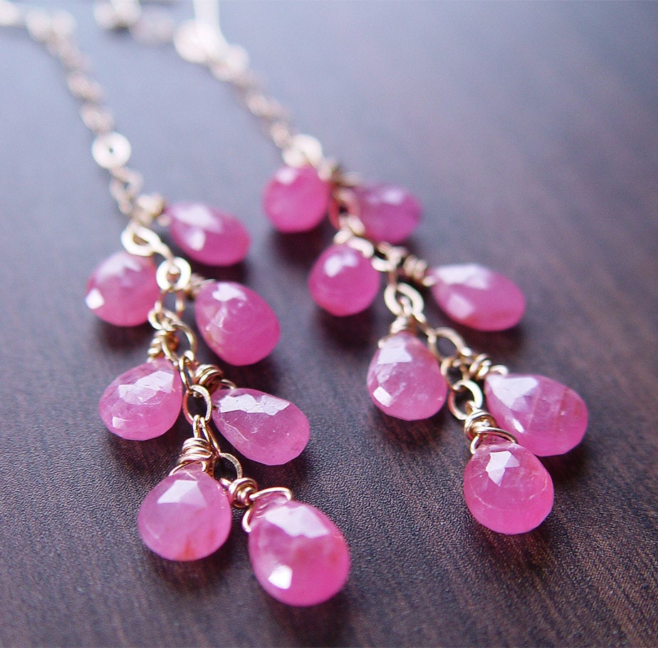 Pink Sapphire Cluster Earrings - 14k Gold Chain