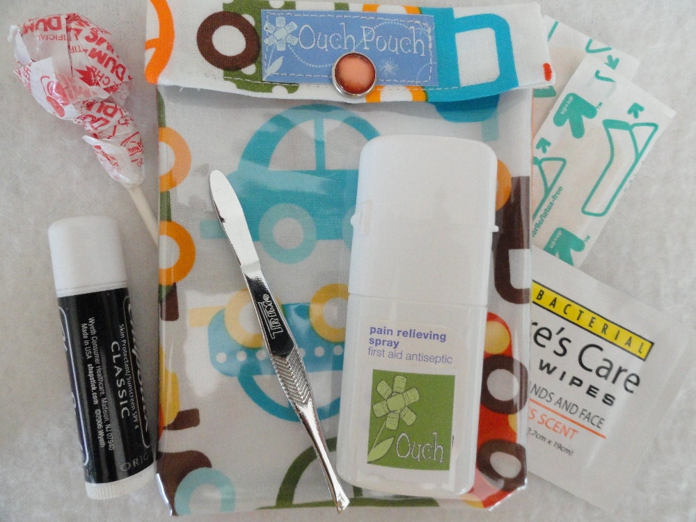 Small Ouch Pouch First Aid Organizer for Car Diaper Bag Purse Kiss Away Baby's Boo Boo's (4x5 On the Go Cars Fabric) Stocking Stuffer