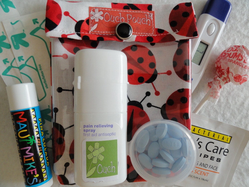 Small Ouch PouchTM Clear First Aid Organizer for Diaper Bag Purse (4x5 Ann Kelle Red Ladybug Fabric) Baby Shower Gift