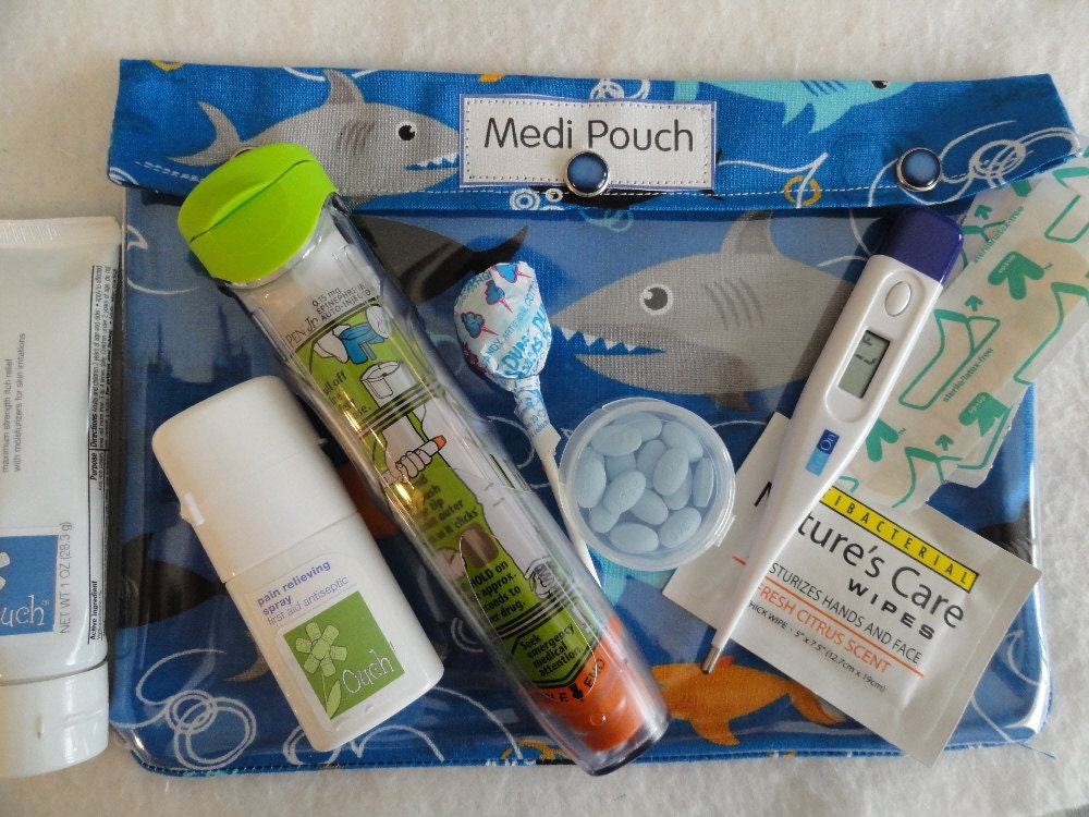 XL Medi - Pouch Clear Travel Organizer First Aid Beach Bag Boat Vacation (7x9 Shark Attack Fabric) SHARK WEEK