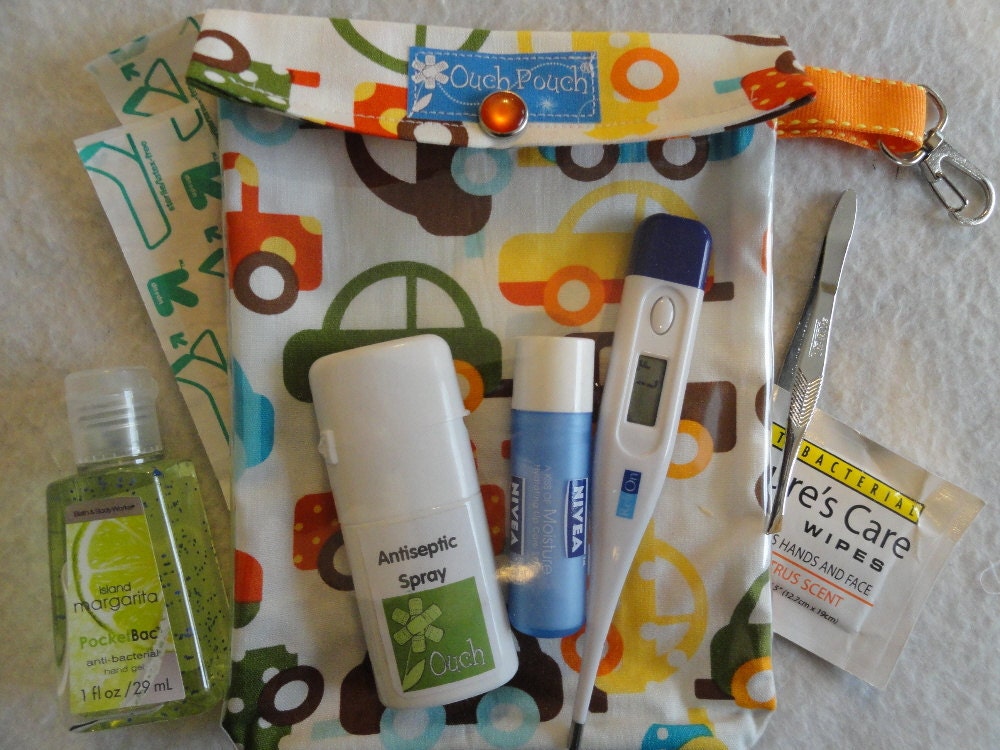 Medium Ouch Pouch TM w/ CLIP Attachment First Aid Organizer for Diaper Bag Car Purse (5x7 Organic Cars Fabric) New Mom Shower Gift