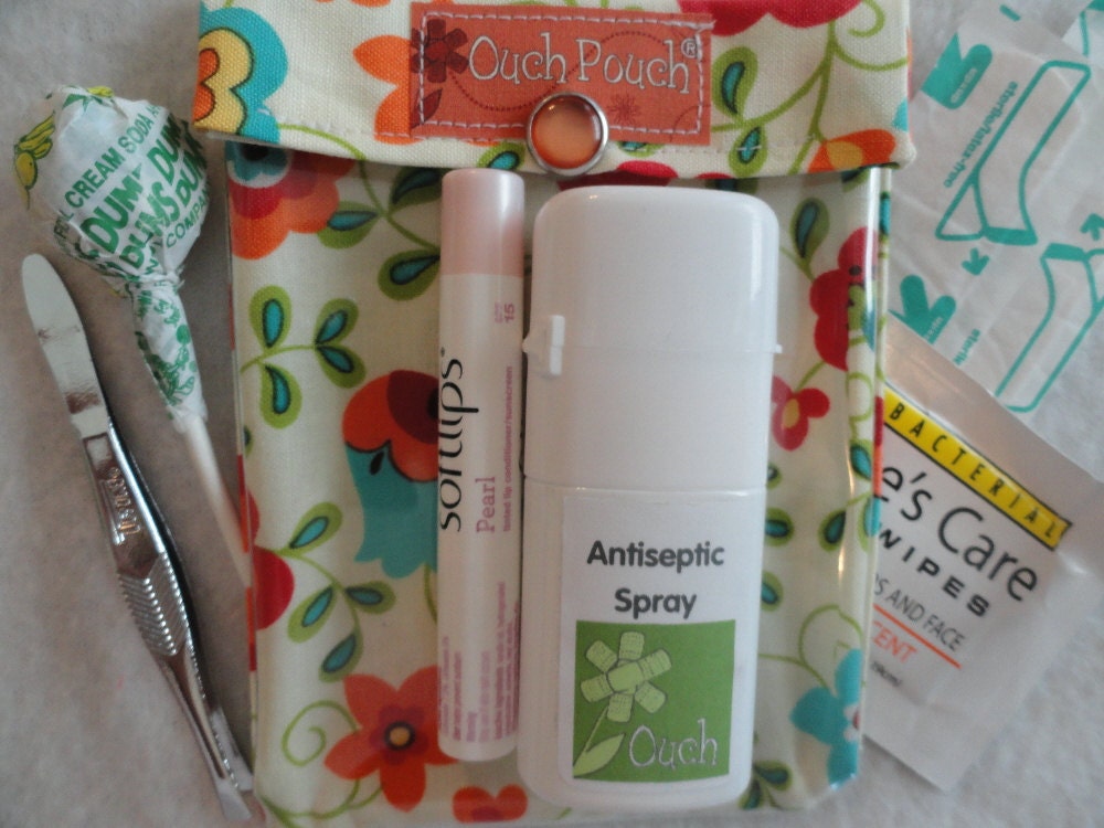 Clearance Sale - Small Ouch Pouch (TM) First Aid Kit For Diaper Bag Car Purse Travel (4x5 Tossed Cream Flowers Fabric)