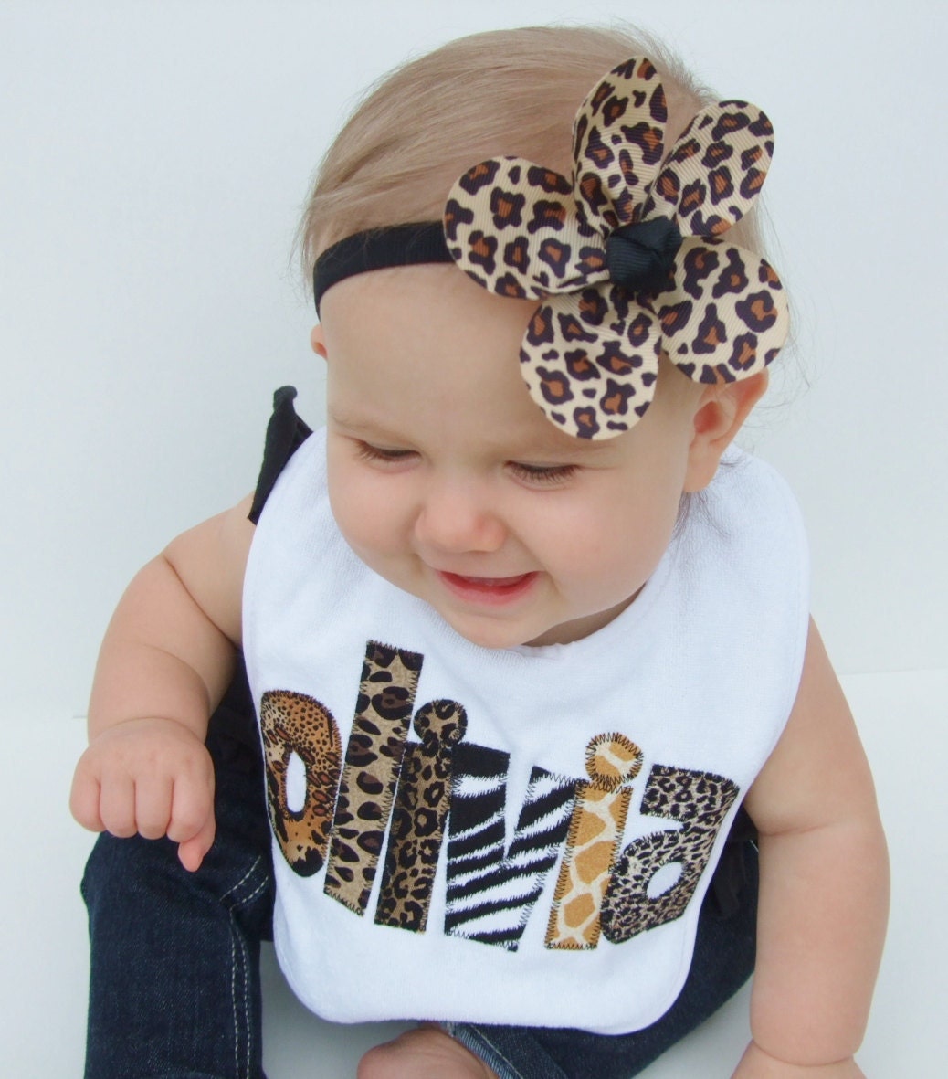 Personalized Bib Appliqued in animal prints for baby by Tried and True Designs on Etsy