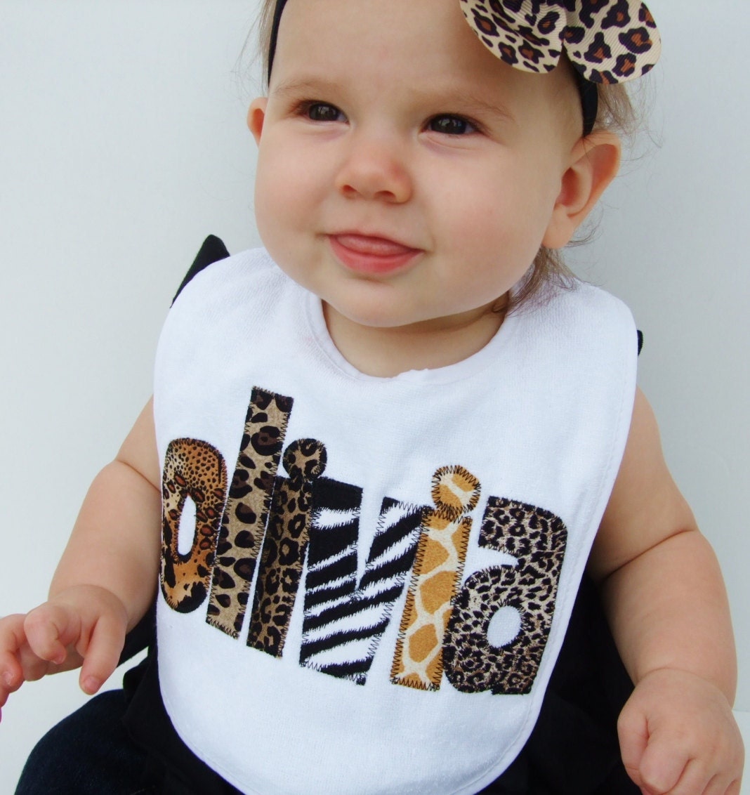 Personalized Bib Appliqued in animal prints for baby by Tried and True Designs on Etsy