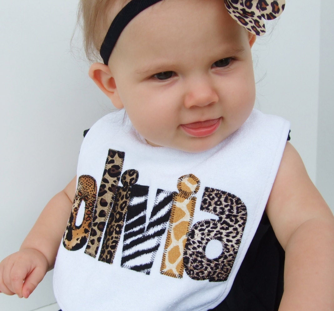 Personalized Bib Appliqued in animal prints for baby by Tried and True Designs on Etsy