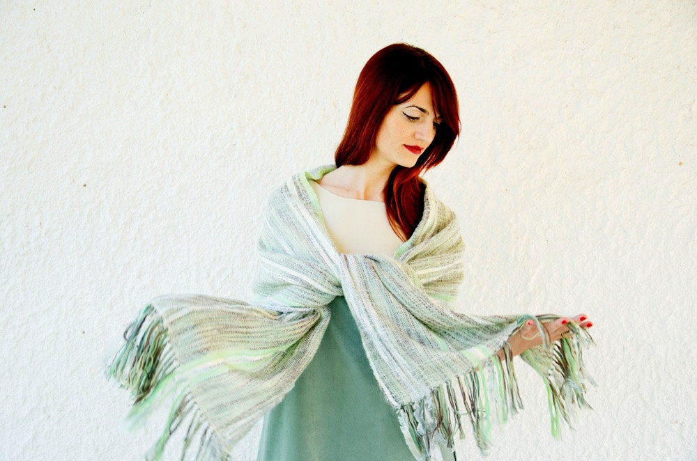 Handwoven Shawl in Pistachio and Moss Green, free shipping