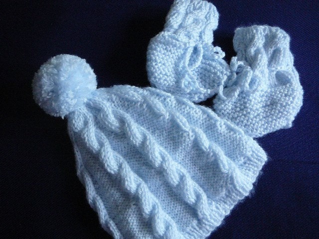 READY TO SHIP   Hand Knit Cable Baby Boy Hat and Booties     Size Newborn to 3 mos