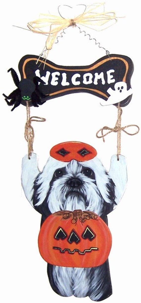 Black and White Shih Tzu Welcome sign ( hallloween pumpkin outfit not included ) Package Deal Available with 4 outfits