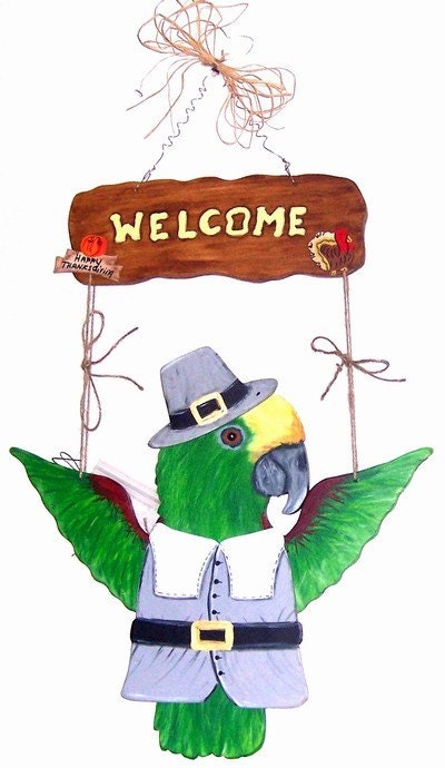 Panama Amazon Parrot with wings welcome sign ( thanksgiving outfit not included ) Package Deal Available with 4 outfits