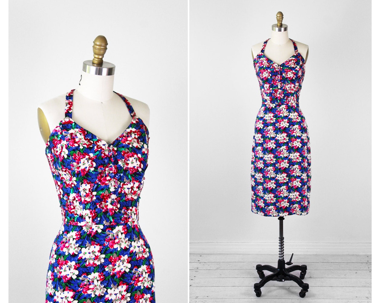 1950s dress / 50s floral dress / Blue and Pink Floral Hawaiian Halter Wiggle Dress