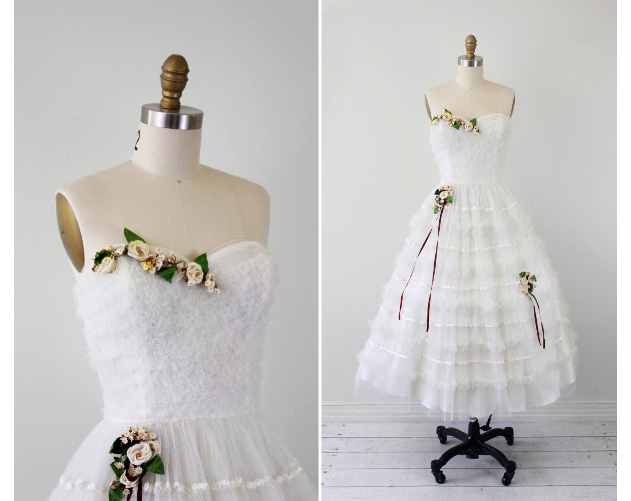 1950s wedding dress / 50s wedding dress / White Fairy Tale Tulle Wedding Dress with Floral Garlands
