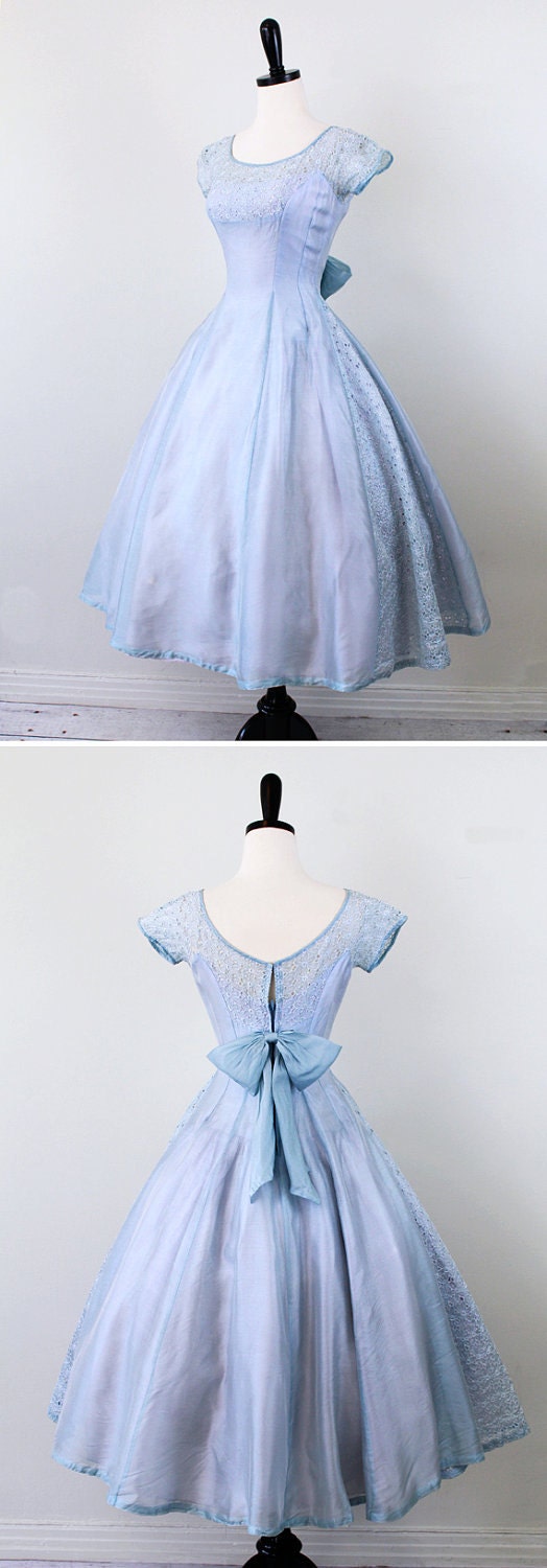vintage 1950s 50s dress // Sky Blue and Lavender Cupcake Dress with Eyelet Panels and a Sweet Big Bow