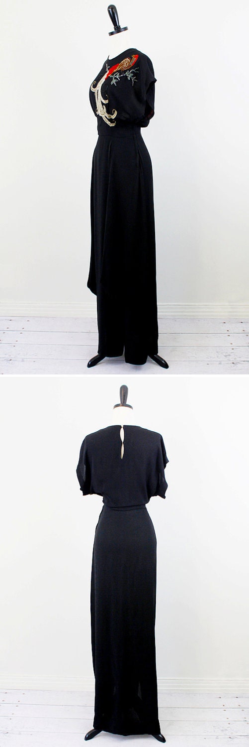 r e s e r v e d - 1930s dress / CEIL CHAPMAN dress / Black 30s 40s Gown with Elaborately Hand Beaded Phoenix Bird