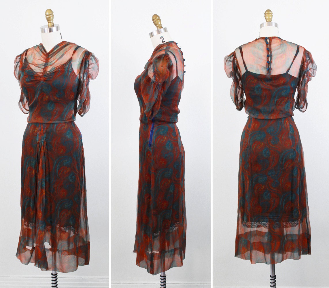 vintage 1930s dress / 30s dress / Teal, Brown, and Orange Feather Print Chiffon Dress with Crystal Blue Buttons