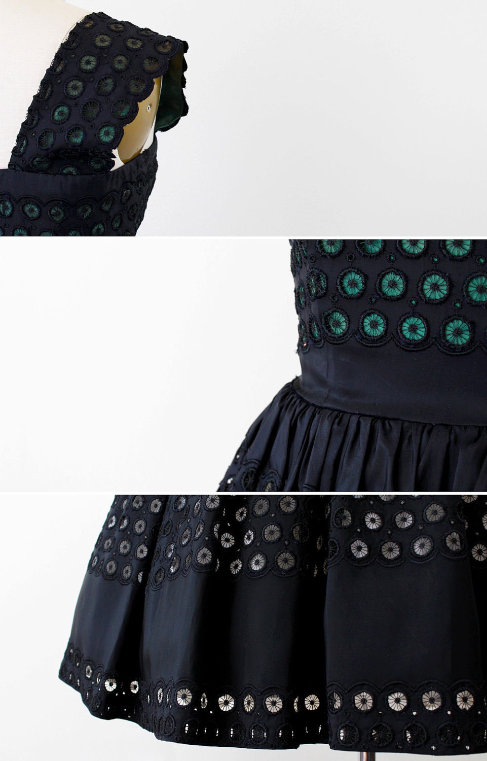 1940s dress / 50s dress / Black and Green Eyelet Taffeta Party Dress by Fred Perlberg