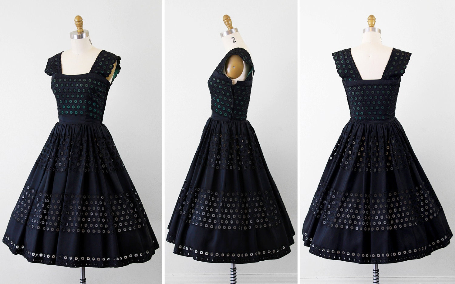 1940s dress / 50s dress / Black and Green Eyelet Taffeta Party Dress by Fred Perlberg