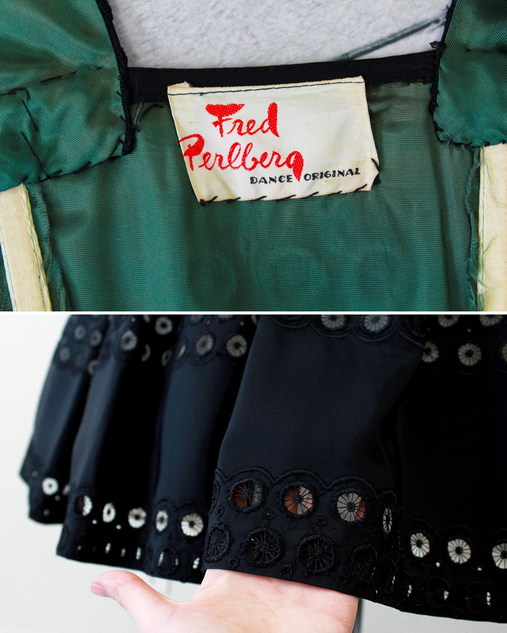 1940s dress / 50s dress / Black and Green Eyelet Taffeta Party Dress by Fred Perlberg