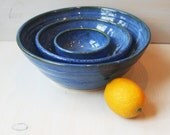Blue Nesting Bowls  Handmade Ceramic Blue Pottery Set Indigo Three Piece Set of Stacking Bowls