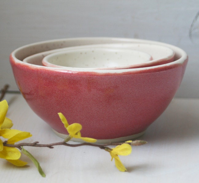 Mini Nesting Bowls - Set of Three Pink and White Glazed Ceramic Bowls - Handmade Pottery Ready to Ship Made in USA