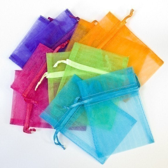 200 Organza Bags, 3x4 inch, purple, orange, hot pink, aqua, and lime