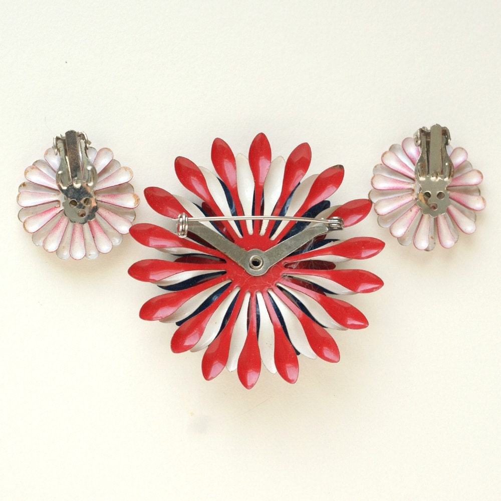 Vintage Enamel Flowers Brooch and Earrings Set  Red White and Blue Patriotic Colors Great for 4th of July
