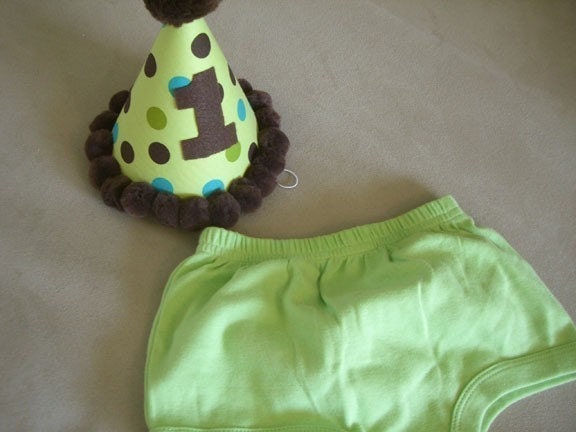 Infant/Toddler Boys First 1st Birthday Lime/Brown/Aqua CAKE SMASH set Hat and diaper cover