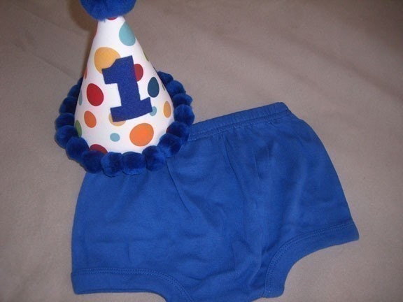 Cake Smash Photo Set....Infant/ Toddler Boys First 1st Birthday Lolli Dot Blue Birthday Party Hat and matching Diaper Cover