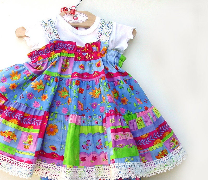 Fun Kids Clothes Girls Twirl Dress Colorful Cotton Bright Blue Floral Print Girls Spring Dress sizes 2T 3T 4T  5 6 7 8 Children's Clothes