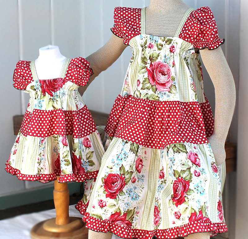 Matching Sister Dresses for Girls 100% Cotton Children's Clothes Polka Dot and Red Rose Peasant Style Girls Dress Girls Size 5 6 7 or 8