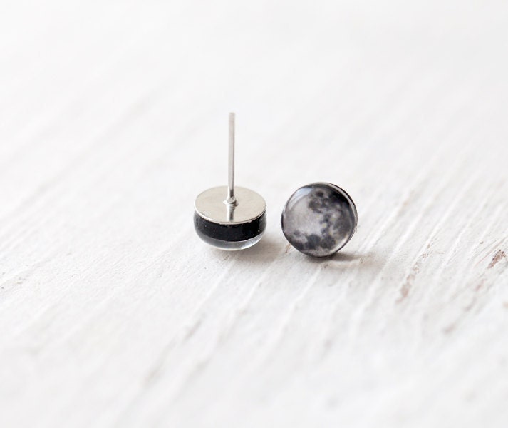 Full moon earring studs - Tiny ear posts - Space jewelry (E102)