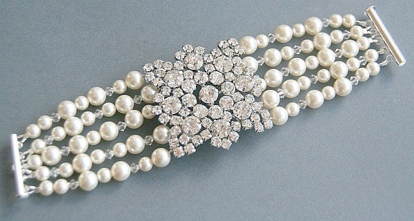Bridal bracelet. Vintage style bridal crystal pearl wedding cuff brooch bracelet, wedding jewelry , pearl vintage bracelet- Style 352