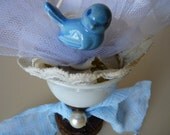 BLU BLU BIRDY     MIXED MEDIA ART ASSEMBLAGE WITH OLD WOOD BIRD TULLE RIBBON
